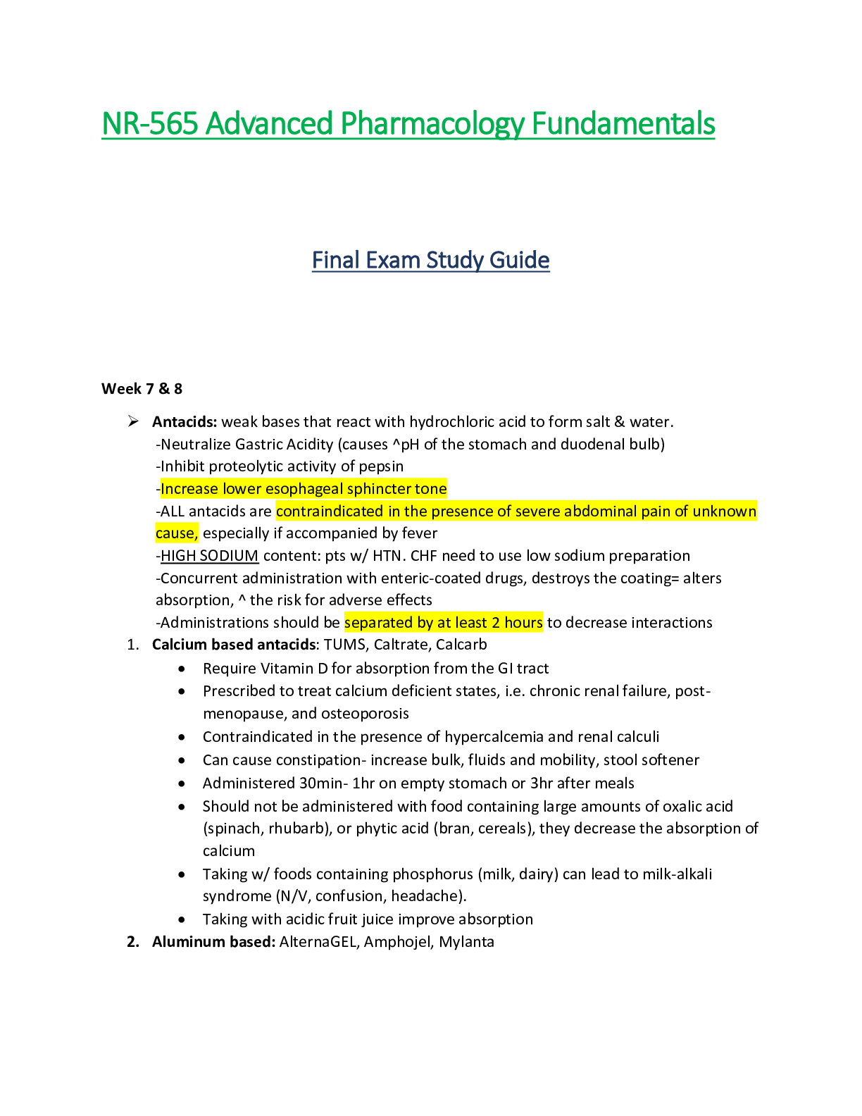 Preview of NR565 / NR 565 Final Exam Study Guide  : Advanced Pharmacology Fundamentals - Chamberlain